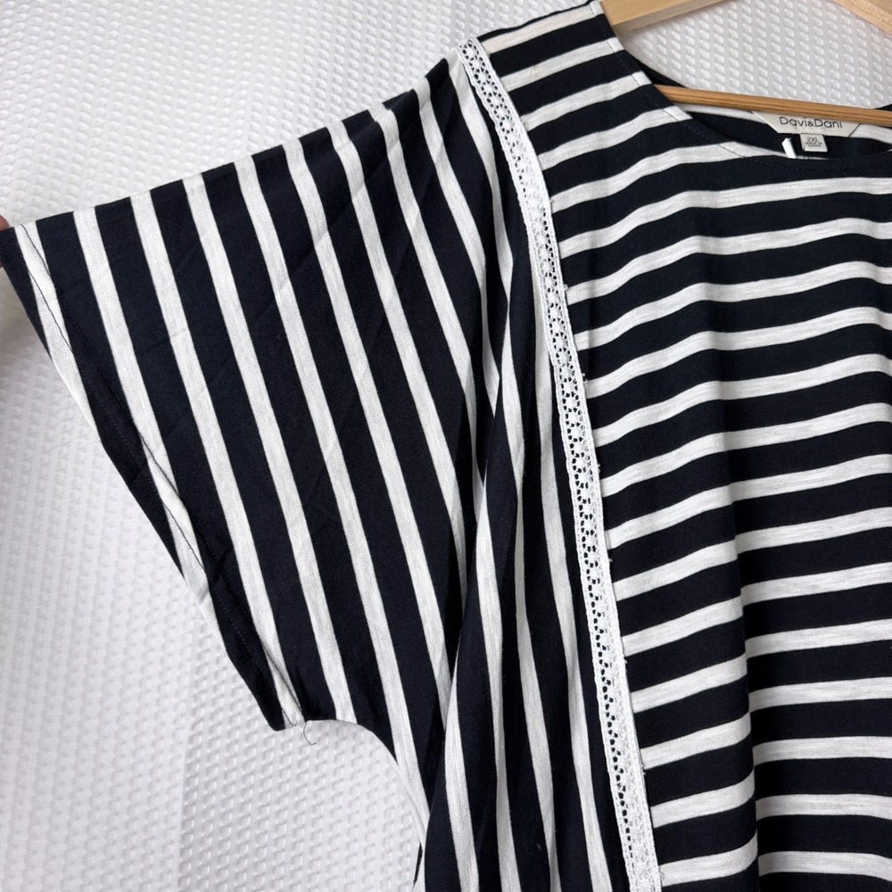 Davi & Dani Dress Women 2XL Navy Blue Striped Lace Trim Relaxed T-Shirt Pockets - Picture 4 of 13